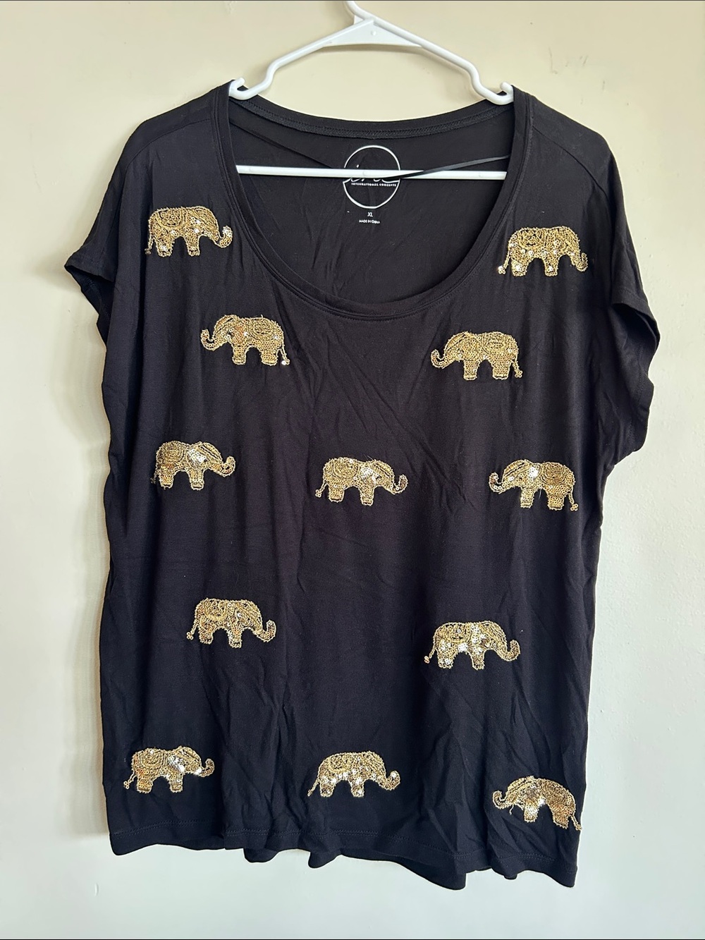 Women’s Black Top with Gold Elephant Embellishments